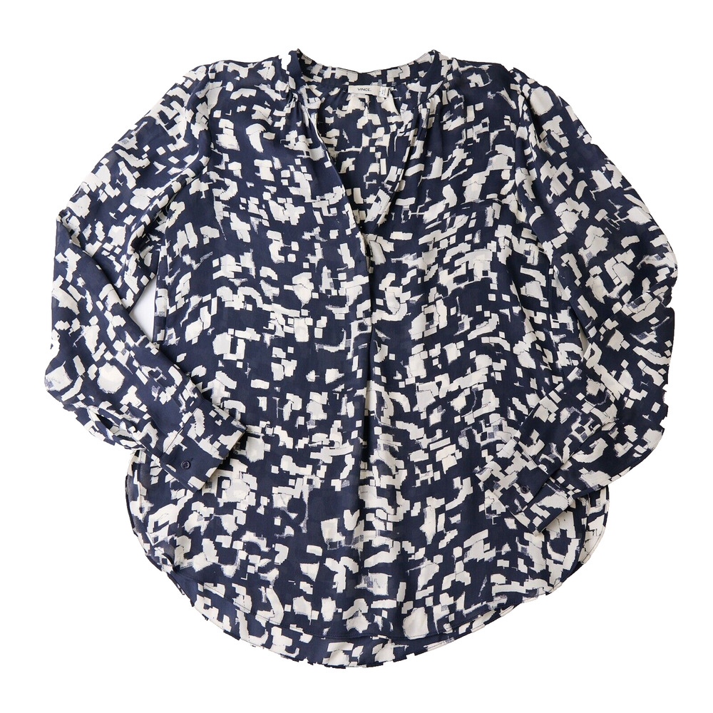 Vince Blouse Shirt Women's 4 Blue White Print Classic Office Geometric Designer